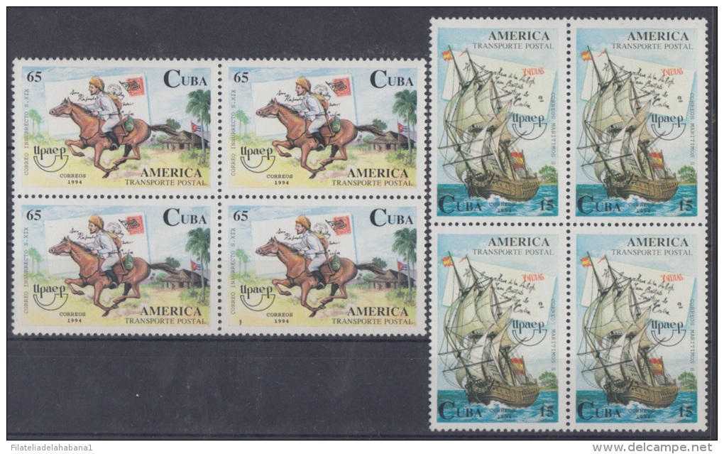 1994.50 CUBA 1994. MNH. AMERICA UPAEP. BARCO. CORREO MAMBI. SHIP. MAMBI MAIL IN HORSE. BLOCK 4 - Unused Stamps