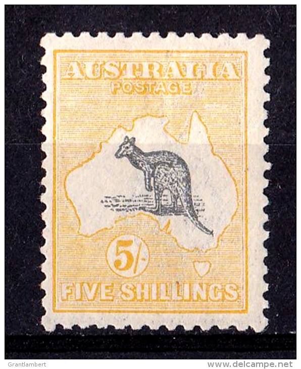 Australia 1918 Kangaroo 5/- Grey &amp; Yellow 3rd Wmk INVERTED MH - Mint Stamps