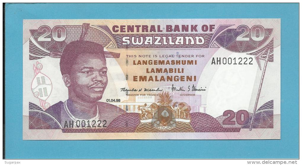 SWAZILAND - 20 EMALANGENI - 01.04.1998 - Pick 25.c - UNC. - Sign. 4 - 2 Scans - Swaziland