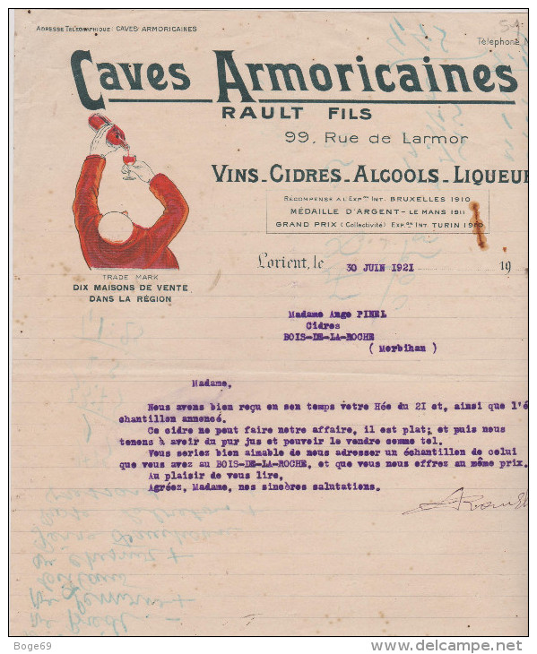 (MORBIHAN) LORIENT, Caves Armoricaines , RAULT Fils  , Vins , Cidres , Alcools ,liqueurs , Rue De Larmor - Alimentos