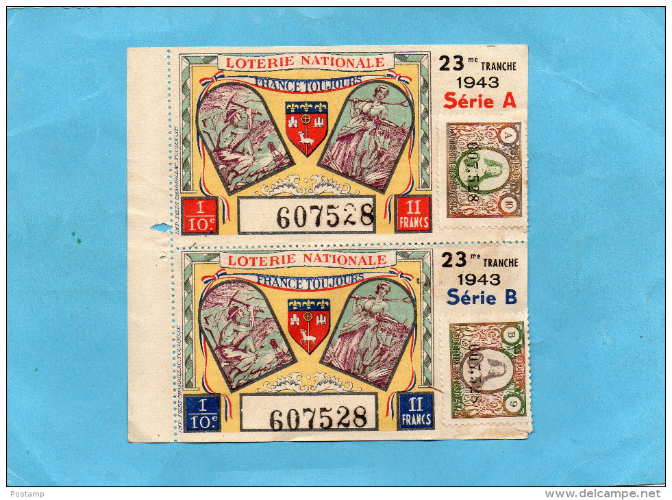 LOTERIE NATIONALE -2 Billets 23ème Tranche -1943"Françe Toujours" Illustré-mineur En Galerie-paysanne - Billets De Loterie