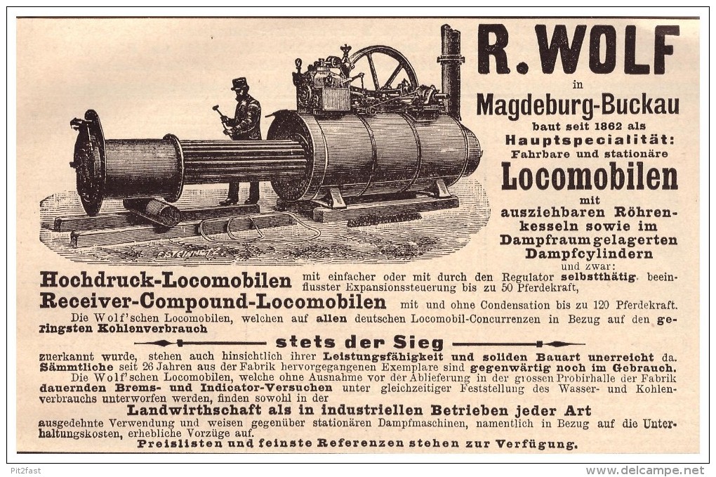 Original Werbung - 1888 - R. Wolf In Magdeburg-Buckau , Locomobile , Lokomobile ,Dampfmaschinen , Hamburg !!! - Maschinen