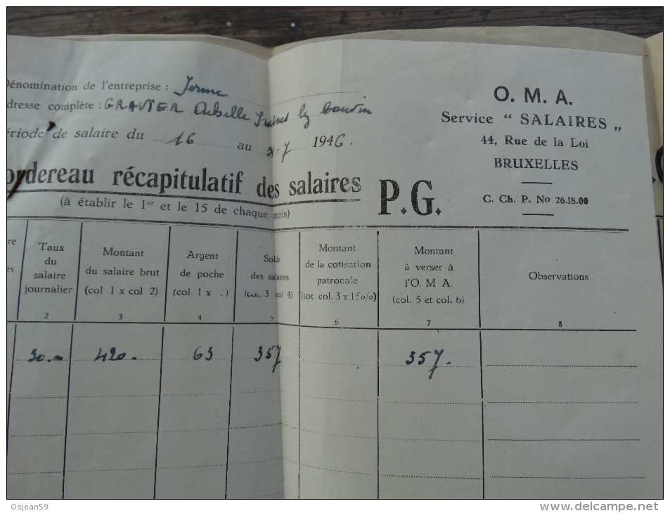 Bordereau Récapitulatif Des Salaires Des P.G Du 16/07 Au 31/07 1946 - Dokumente