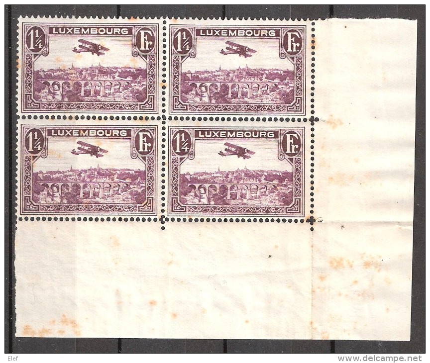 LUXEMBOURG,1931,Poste Aérienne, Yvert N° 4,BLOC DE 4 COIN DE FEUILLE, 1 F 1/4,Vue De La Ville Haute, Neuf **  / MNH B/TB - Ongebruikt