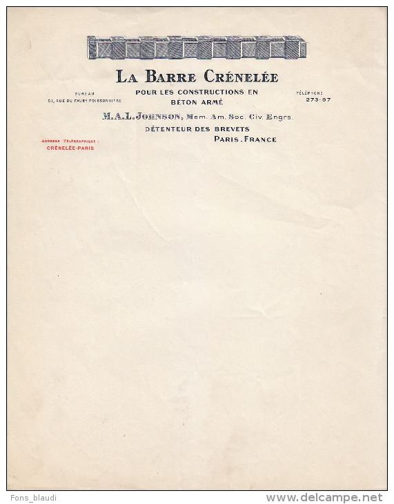 Papier à Entête - La Barre Crénélée 51 Rue Du Faubourg Poissonnière à Paris 9ème - FRANCO DE PORT - Deportes & Turismo