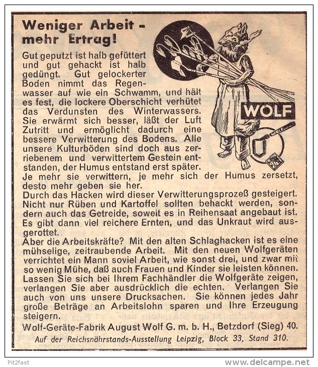 Original Werbung - 1939 - Wolf-Geräte-Fabrik In Betzdorf A. Sieg , Schlepper , Traktor , Landwirtschaft !! - Traktoren