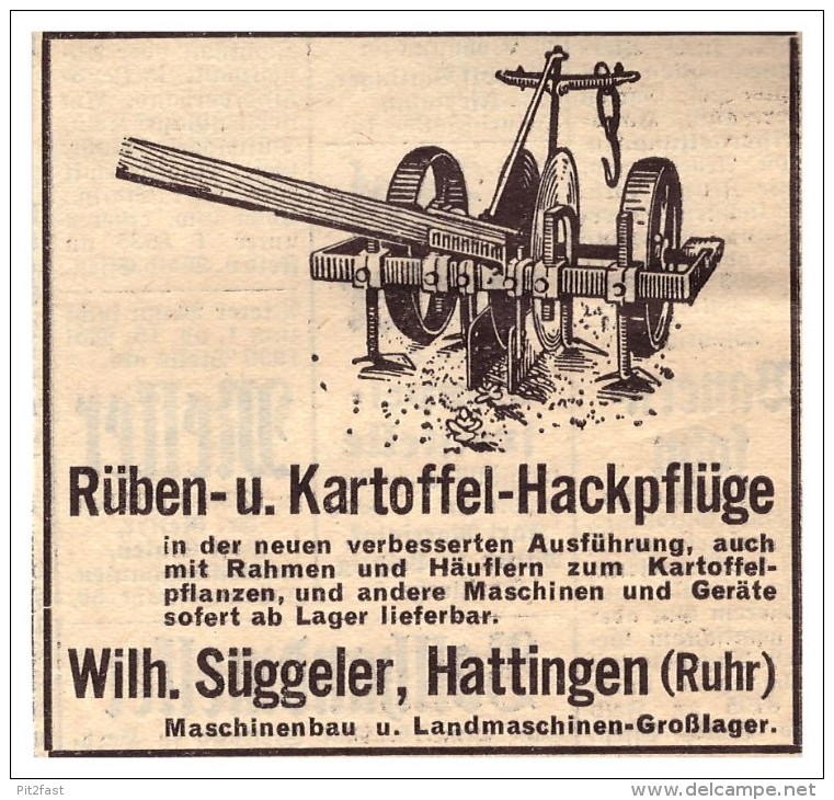 Original Werbung - 1939 - Kartoffel-Hackpflüge , W. Süggeler In Hattingen A. Ruhr , Schlepper , Traktor , Landwirtschaft - Traktoren