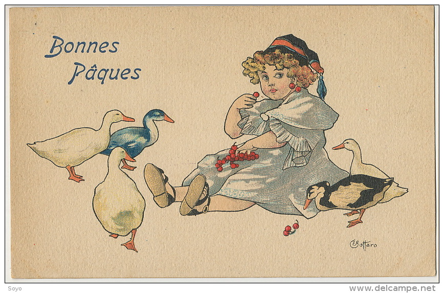 Bottaro Bonnes Paques Petite Fille Mangeant Des Cerises Avec Des Canards Cherries Duck - Bottaro