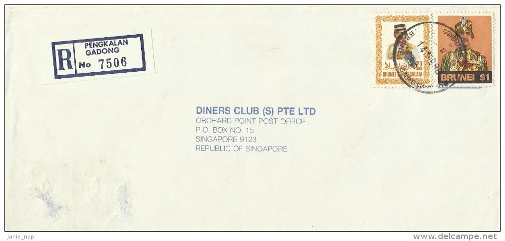 Brunei 1988 Registered Cover With 20s And $ 1.00 Stamps, From Gadong To Singapore - Brunei (1984-...)