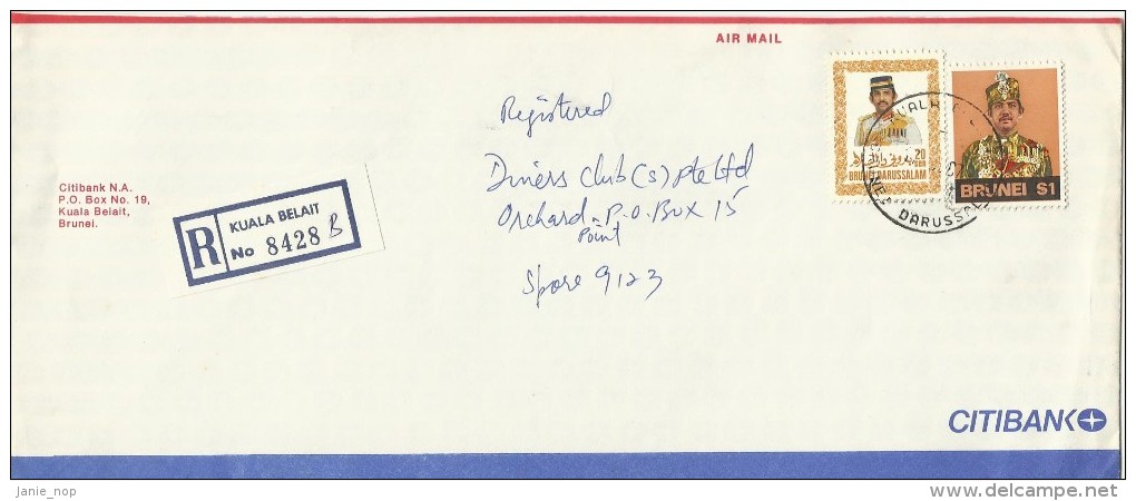 Brunei 1988 Registered Cover With 20s And $ 1.00 Stamps, From Kuala Belait To Singapore - Brunei (1984-...)