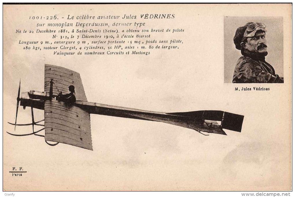 AVIAZIONE AVIATEUR JULES VEDRINES MONOPLANE MORANE-BOREL 1910 - Aviatori