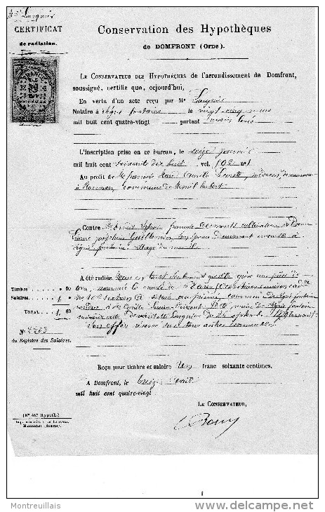 Certificat De Radiation De 1878, LECONTE De ROUVRON,  DESMONTS De Ségrie Fontaine, MENIL-HUBERT (61) - Manoscritti
