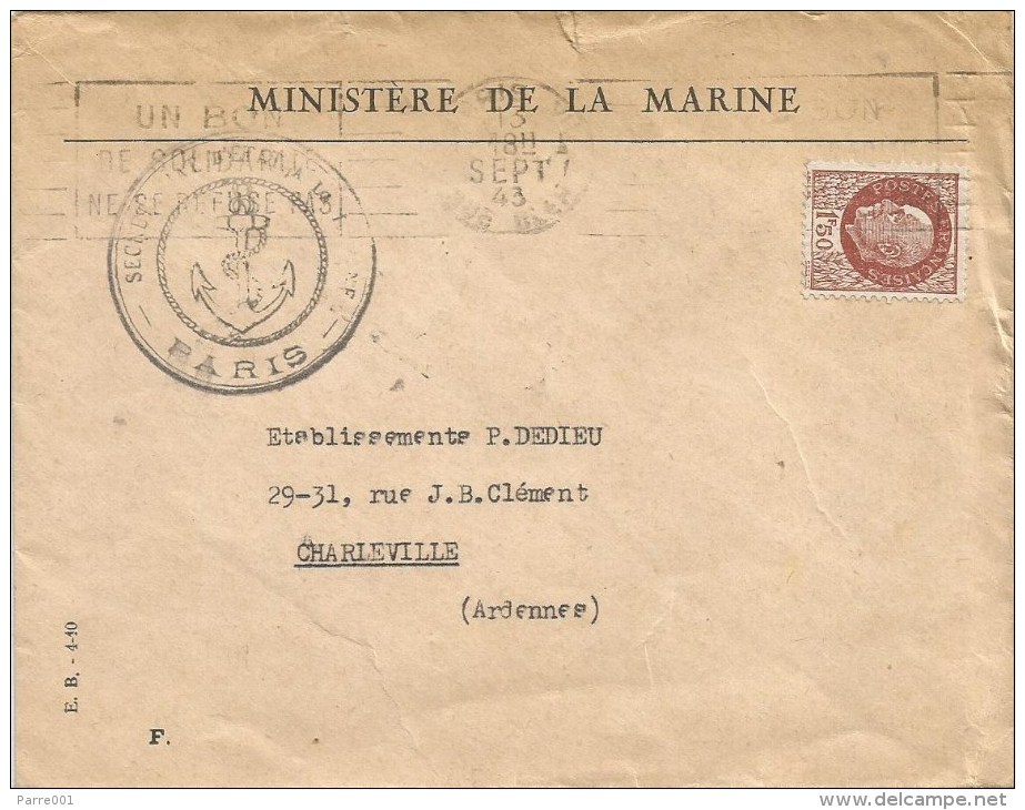 France 1943 Paris Ministere De La Marine Naval Cover - Scheepspost