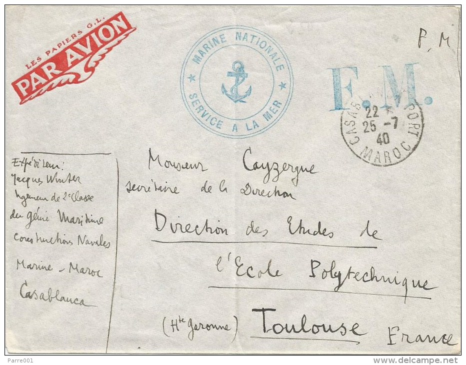 Maroc 1940 Casablanca Port French Naval Unfranked Cover - Brieven En Documenten