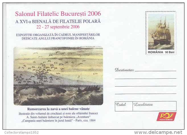 10228- WHALES HUNTING, SHIPS, COVER STATIONERY, 2006, ROMANIA - Baleines