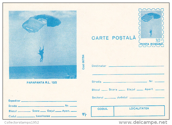 10316- PARACHUTTING, POSTCARD STATIONERY, 1994, ROMANIA - Fallschirmspringen