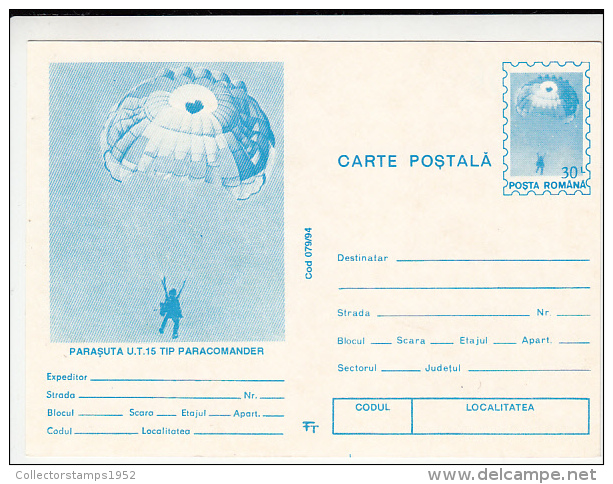 10320- PARACHUTTING, POSTCARD STATIONERY, 1994, ROMANIA - Fallschirmspringen