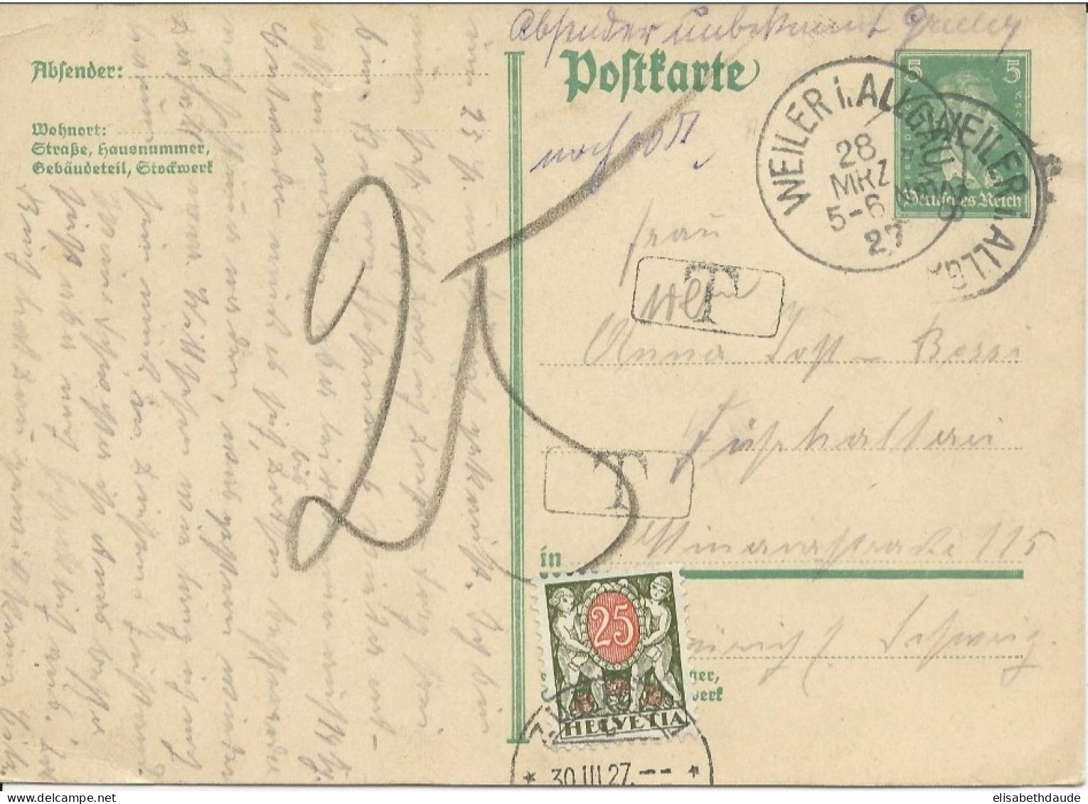 1927 - CARTE ENTIER POSTAL De WEILER I.ALLGÄU Pour ZÜRICH Avec TAXE SUISSE - Postcards