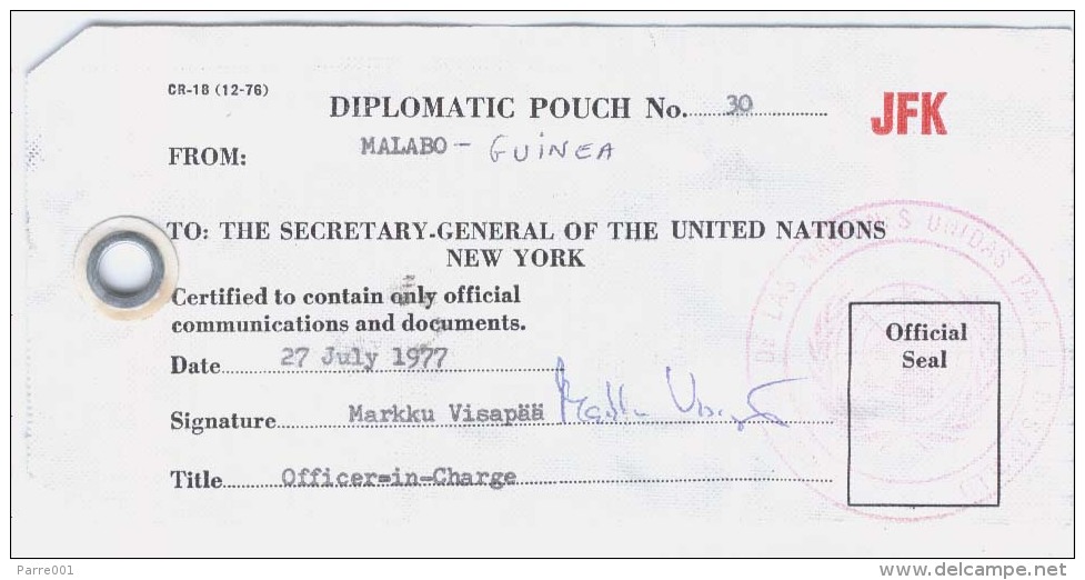 Equatorial Guinea 1977 Malabo United Nations Development Programme Official Seal UN New York Rare Diplomatic Pouch Tag - Equatoriaal Guinea