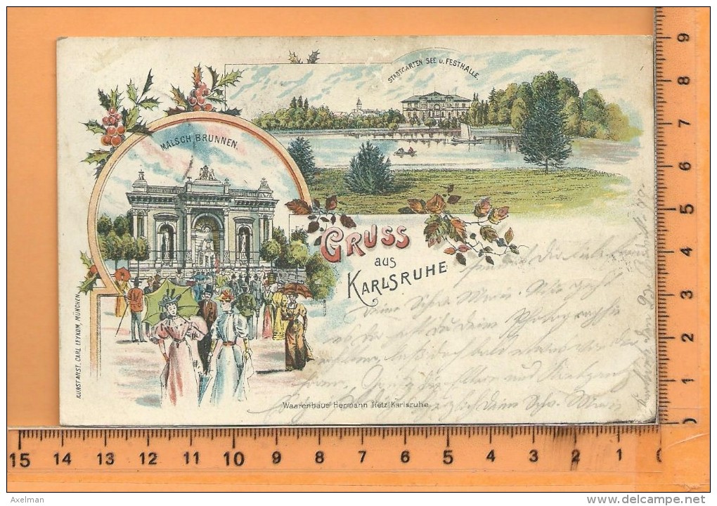 KARLSRUHE: Gruss, Litho Multi Vues,  Stadtgarten-See, Festhalle, Malsch Brunnen - Karlsruhe