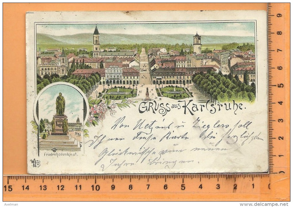 KARLSRUHE: Gruss, Litho Multi Vues, Panorama, Friedrichsdenkmal, - Karlsruhe