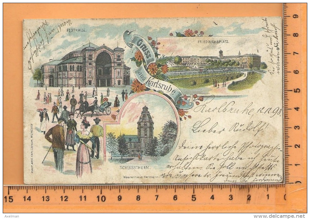 KARLSRUHE: Gruss, Litho Multi Vues, Festhalle, Friedrichsplatz, Schlossthurm - Karlsruhe