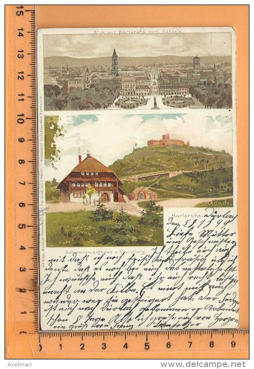 KARLSRUHE: Gruss, Litho Multi Vues, Blick Auf Karlsruhe Vom Schloss, Schwarzwaldhaus U. Lauterberg - Karlsruhe