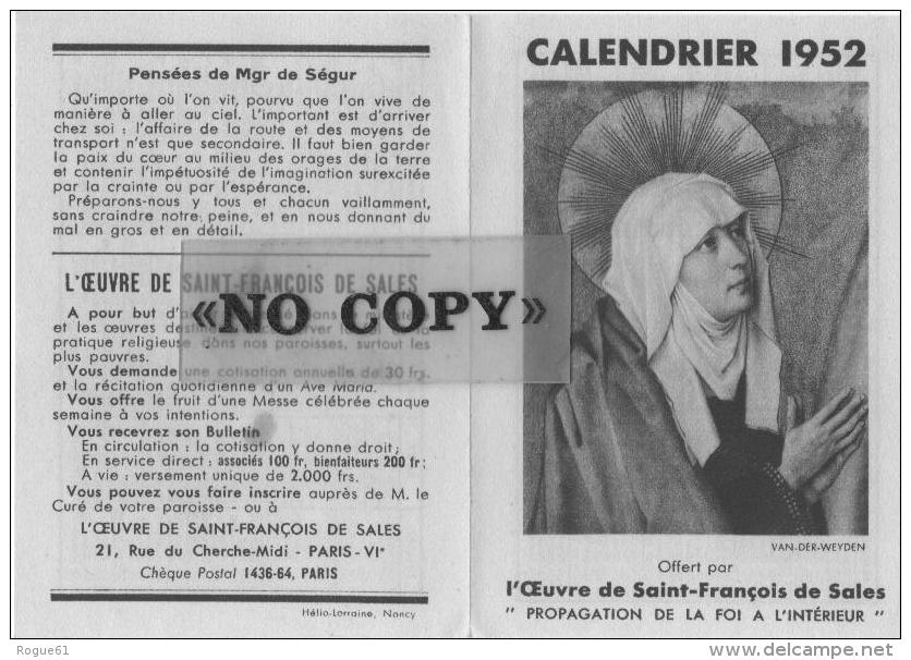 CALENDRIER  1952  ( L´ Oeuvre De SAINT - FRANÇOIS  DE  SALES ) - Petit Format : 1941-60