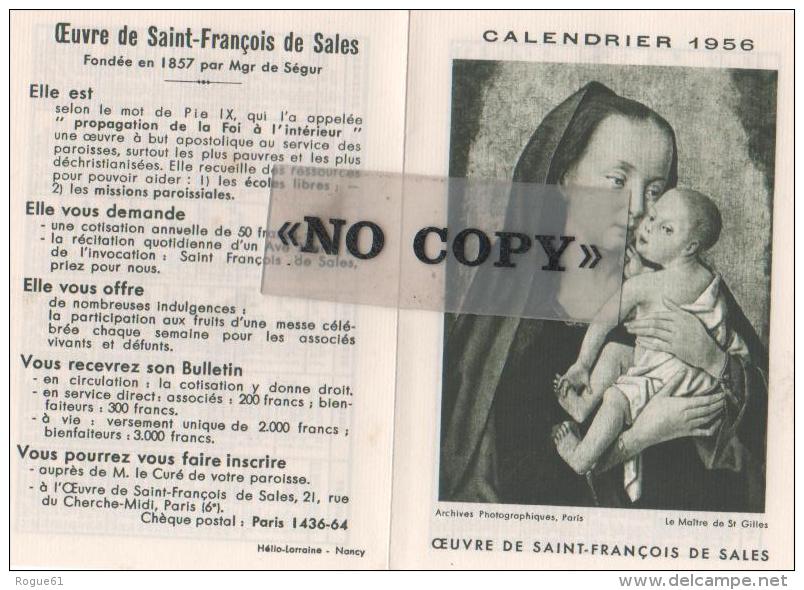 CALENDRIER  1956  ( L´ Oeuvre De SAINT - FRANÇOIS  DE  SALES ) - Klein Formaat: 1941-60