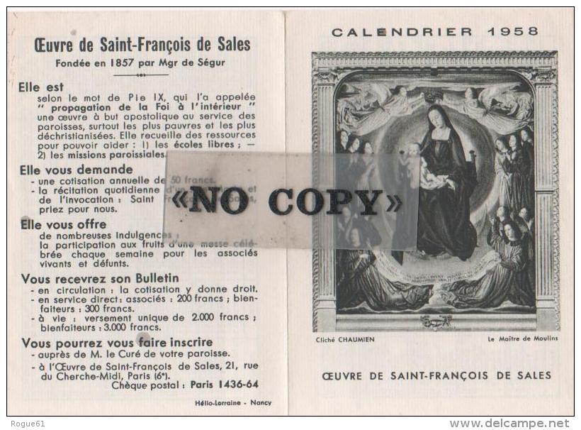 CALENDRIER  1958  ( L´ Oeuvre De SAINT - FRANÇOIS  DE  SALES ) - Petit Format : 1941-60