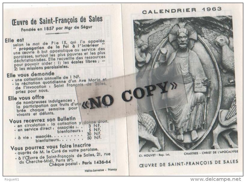 CALENDRIER  1963  ( L´ Oeuvre De SAINT - FRANÇOIS  DE  SALES ) - Petit Format : 1961-70