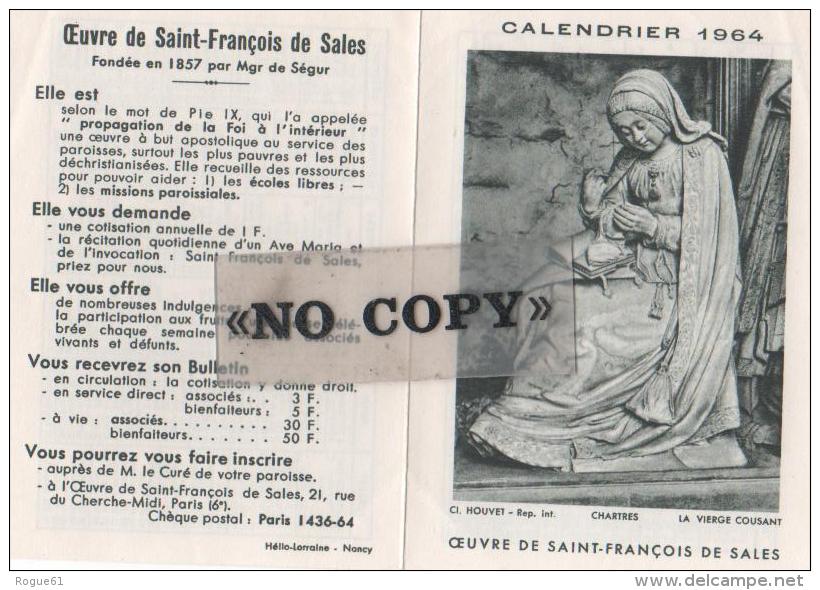 CALENDRIER  1964  ( L´ Oeuvre De SAINT - FRANÇOIS  DE  SALES ) - Small : 1961-70