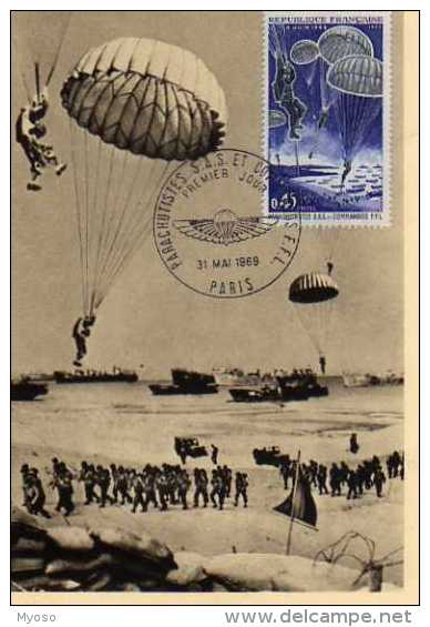 Carte 1° Jour, 20° Anniversaire Du Debarquement,Parachutistes Et Commandos,Paris 1969,obliteration,timbre - Fallschirmspringen