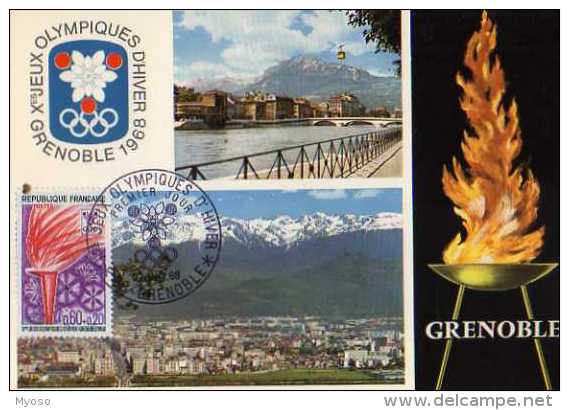 Carte 1° Jour, Jeux Olympiques Grenoble1968, Anneaux, Flamme Olympique,obliteration,timbre - Jeux Olympiques