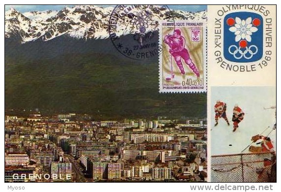 Carte 1° Jour, Jeux Olympiques Grenoble1968, Hockey Sur Glace,chaine De Belledonne,obliteration,timbre - Olympic Games