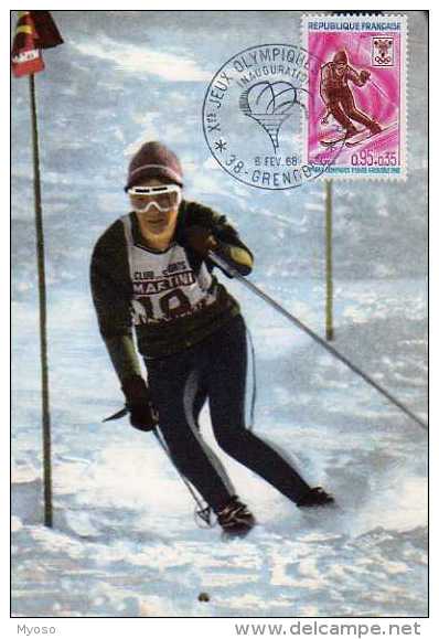 Carte 1° Jour, Jeux Olympiques Grenoble1968 Inauguration,Inauguration Slaloom Skieur,obliteration,ti Mbre - Jeux Olympiques