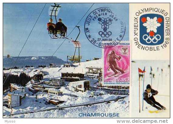 Carte 1° Jour, Jeux Olympiques Grenoble1968 Chamrousse, Skieur, Telesiege,obliteration,timbre - Olympic Games