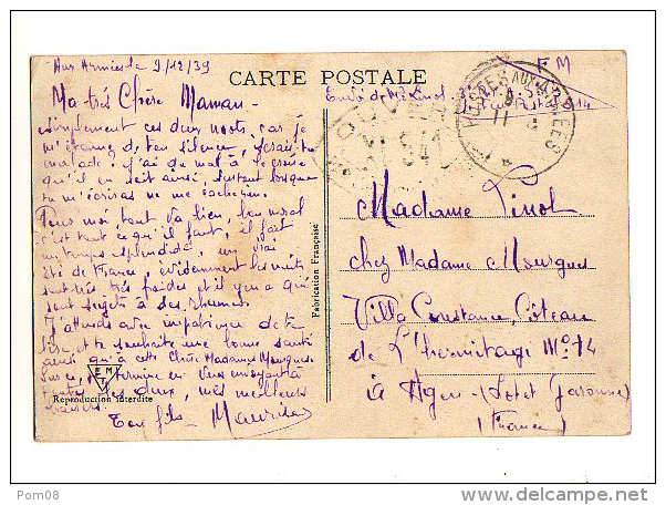 Poste Aux Armées - Ouvert Controle Militaire - XI 541 -pour Agen - Lot Et Garonne - 12/1939 - - Guerra Del 1939-45