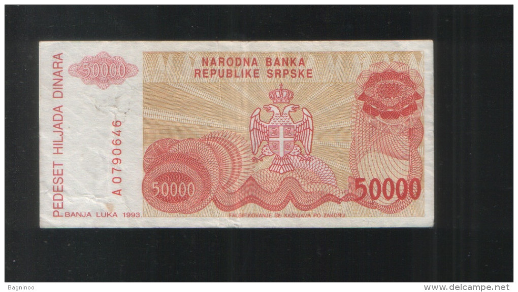 BOSNIA And HERZEGOVINA 50 000 Dinars 50000 Republic Srpska 1993 - Bosnia And Herzegovina