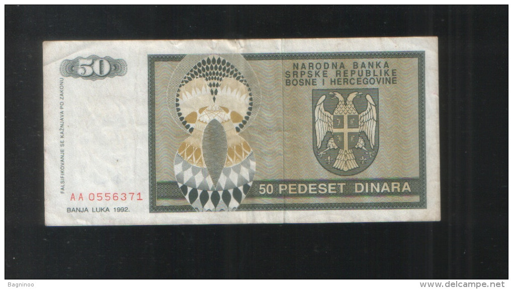 BOSNIA And HERZEGOVINA 50 Din 1992 Republic Srpska - Bosnia And Herzegovina