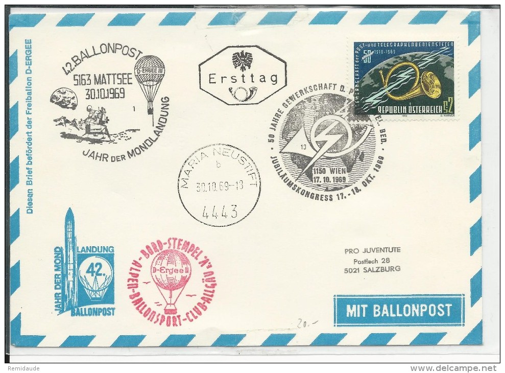 1969 - 42°BALLONPOST - ENVELOPPE Par BALLON ANNEE De L'ATERRISSAGE Sur LA LUNE - Globos