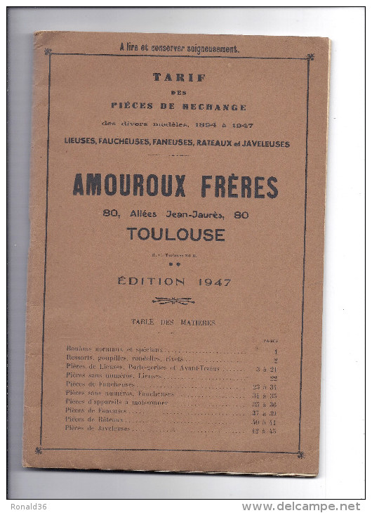 TARIF Catalogue Machines Agricoles AMOUROUX Frères TOULOUSE 31 Jaures Succursale 16 ANGOULEME 44 NANTES 75 PARIS 69 LYON - Material Und Zubehör