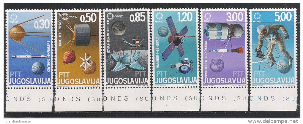 JUGOSLAVIA-1967 - 6 Valori Nuovi Stl - ESPOSIZIONE INTERNAZ. DI MONTREAL - ASTRONAUTICA - In Ottime Condizioni. - 1967 – Montréal (Canada)