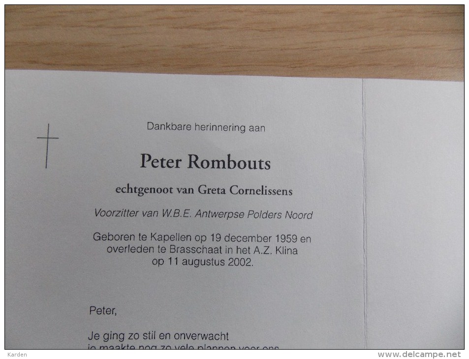 Doodsprentje Peter Rombouts Kapellen 19/12/1959 Brasschaat 11/8/2002 ( Greta Cornelissens ) - Religion & Esotericism