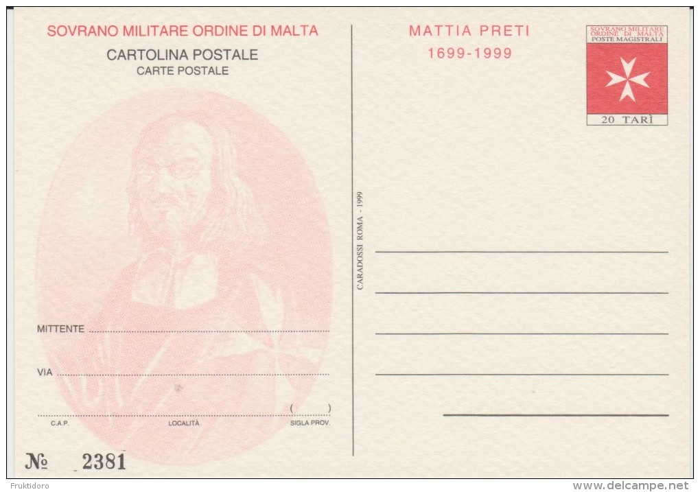 SMOM Sovereign Military Order Of Malta - Postal Stationery - Mattia Preti 1999 * * - Malta (Orde Van)