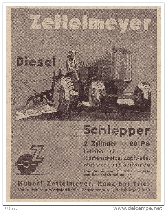 Original Werbung - 1939 - Zettelmeyer , Diesel-Schlepper , Konz B. Trier , Schlepper , Traktor !! - Traktoren