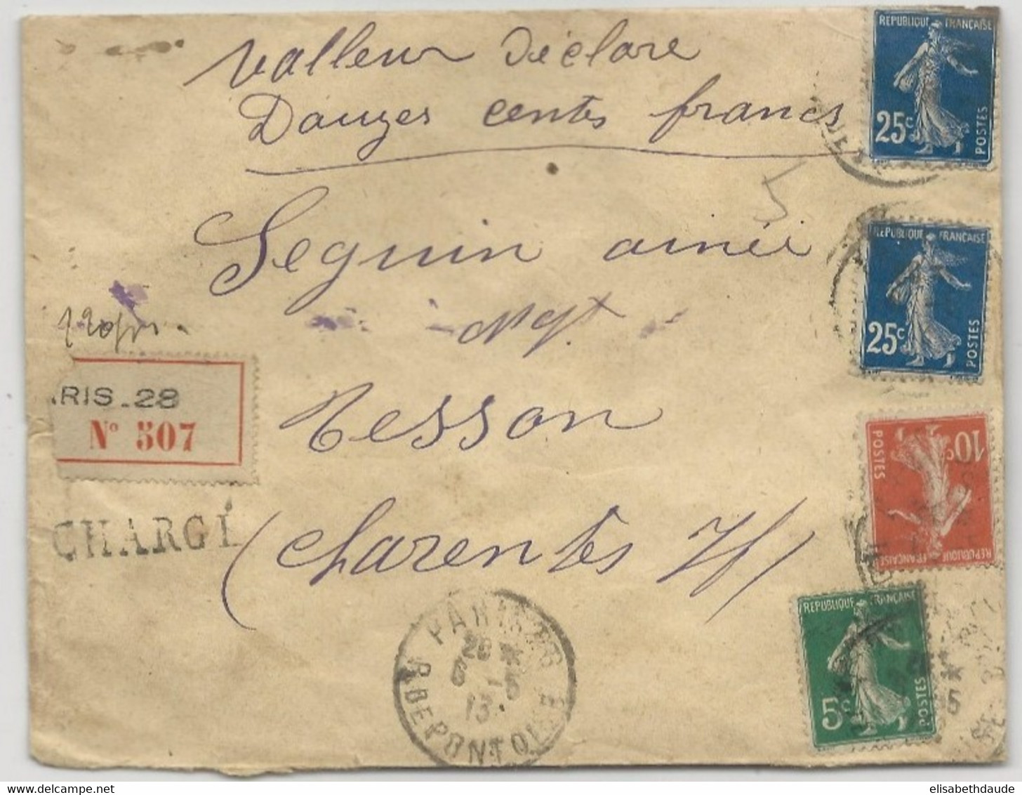 1913 - SEMEUSE - ENVELOPPE CHARGEE De PARIS => TESSON - 1906-38 Säerin, Untergrund Glatt