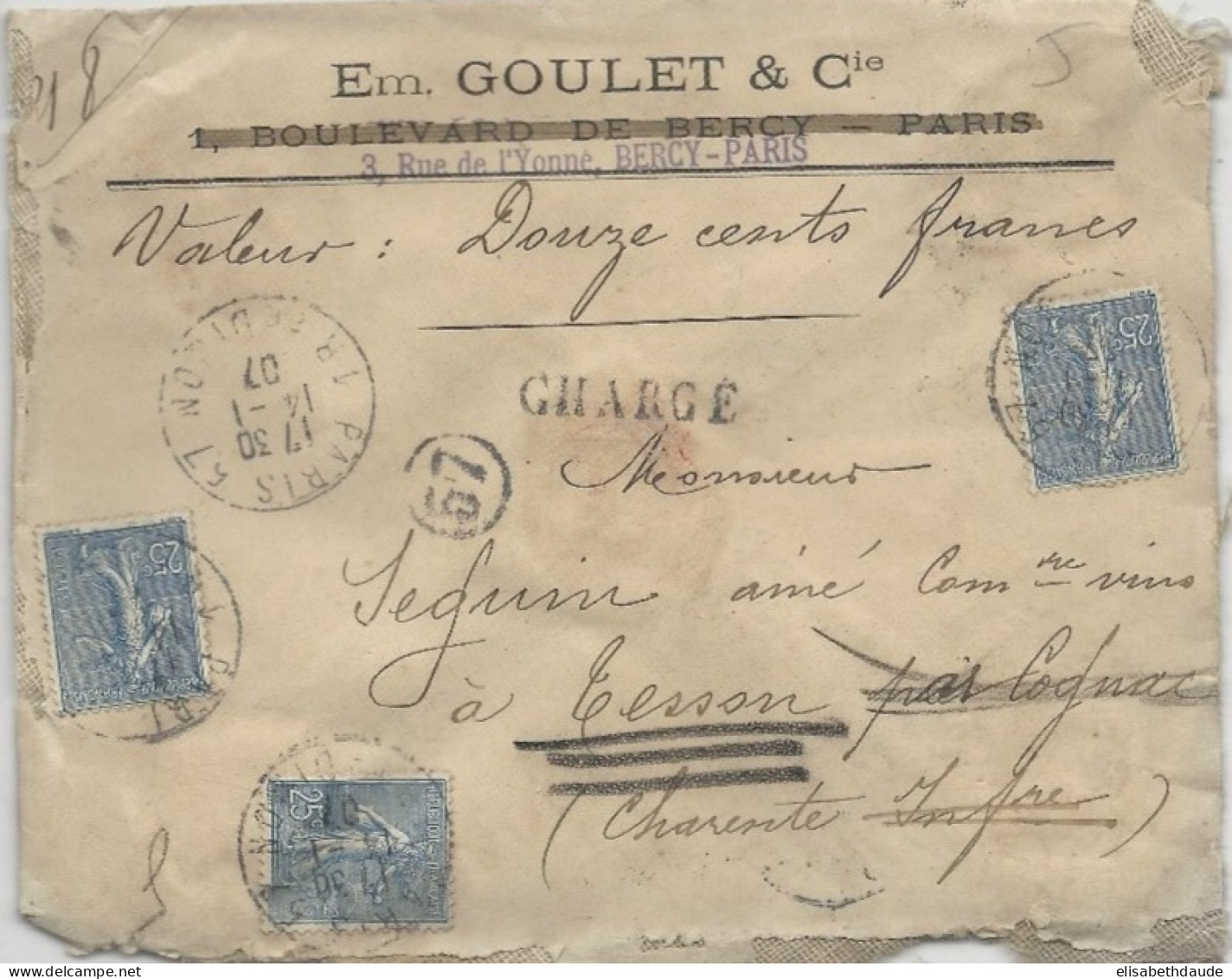 1907 - SEMEUSE - ENVELOPPE CHARGEE De PARIS Pour TESSON - 1903-60 Sower - Ligned