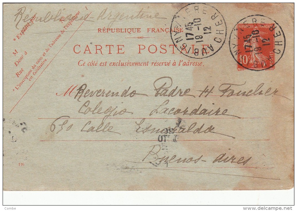 1912. RARE. ENTIER 10C SUR CARTE POSTALE. DU CHER POUR L'ARGENTINE /5743 - Covers & Documents