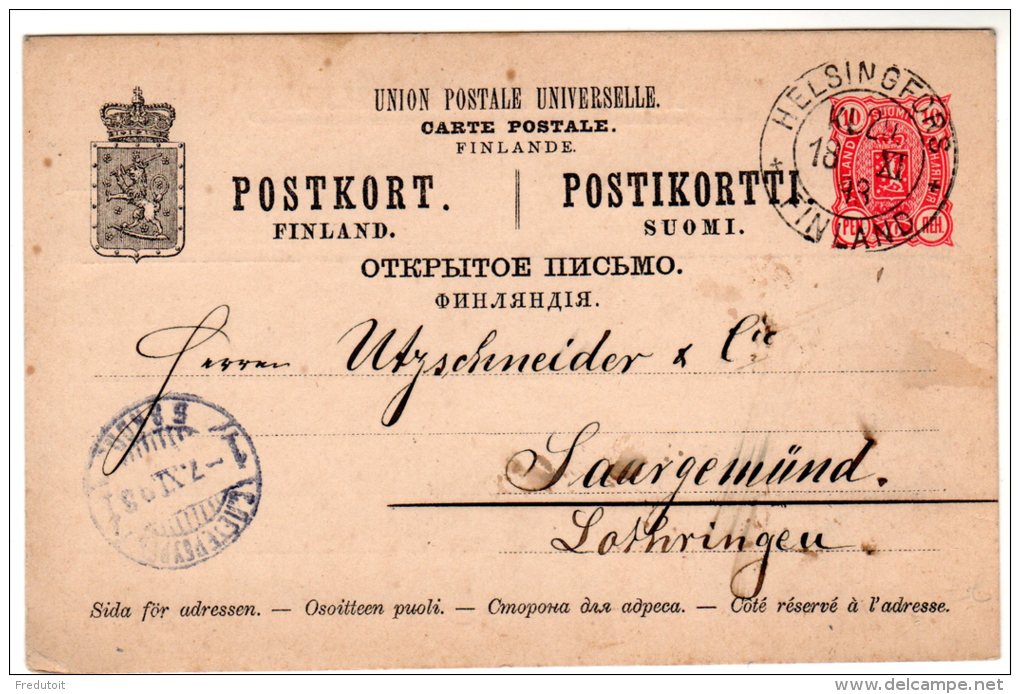 FINLANDE - ENTIER POSTAL - 18/11/1893 Pour Lothringen - Lettres & Documents